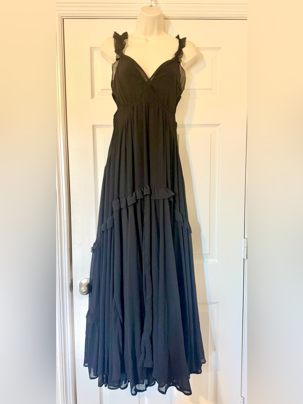 Black Ruffle-Strap Maxi Dress - Sleeveless V-Neck